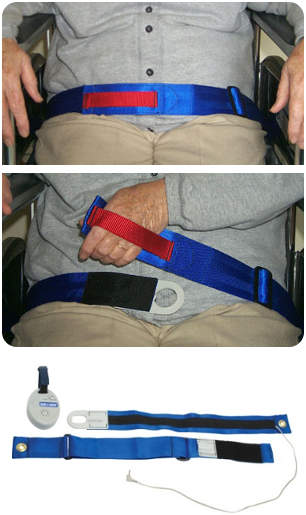 Man using wheelchair belt alarm, placing hand into velcro strap.